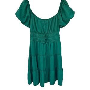 Trixxi Green Mini Milkmaid Dress Short Puff Sleeve Ruched Waist Tiered sz Small